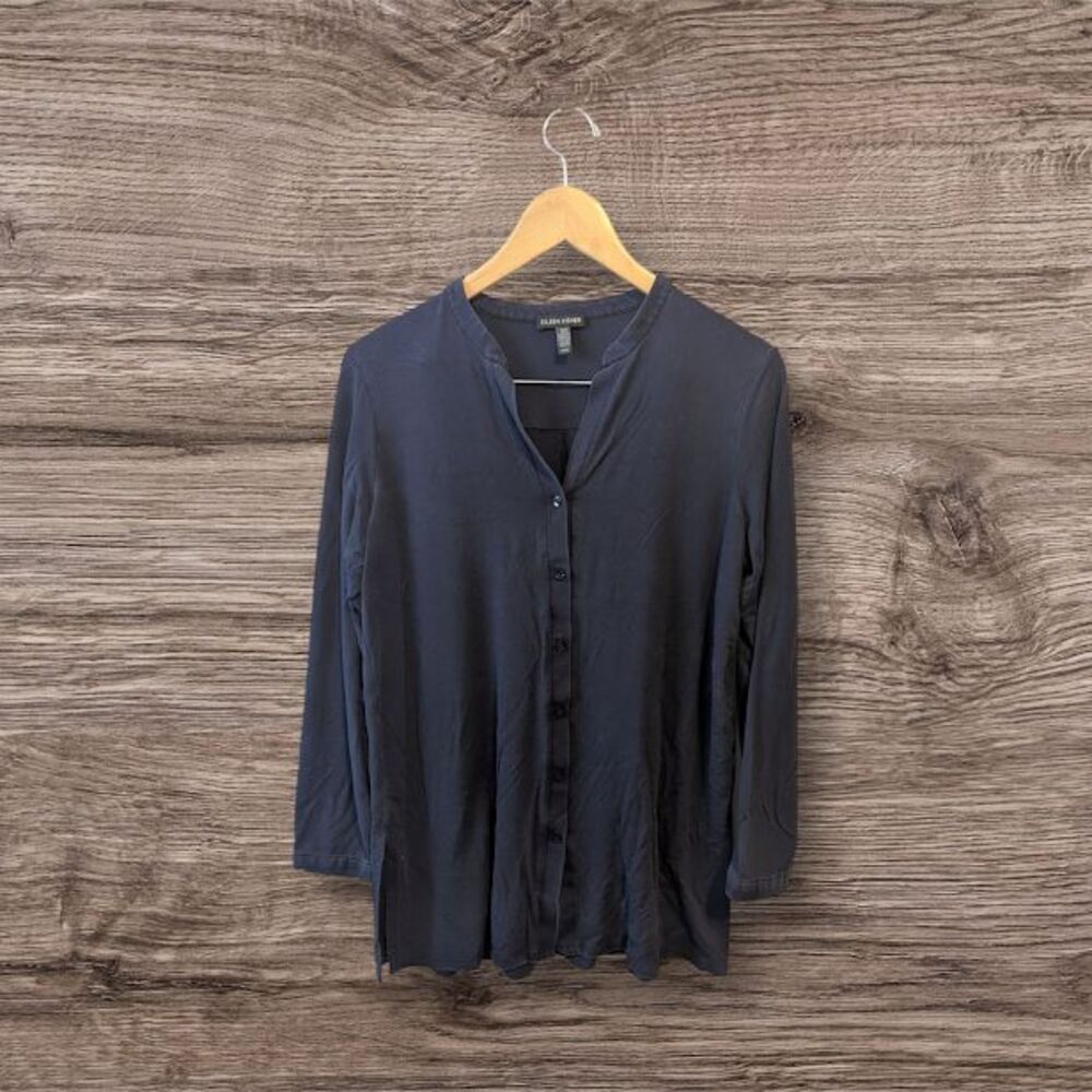 Eileen Fisher Tencel Blend Mandarin Collar Button Up Top Size M Blue Soft